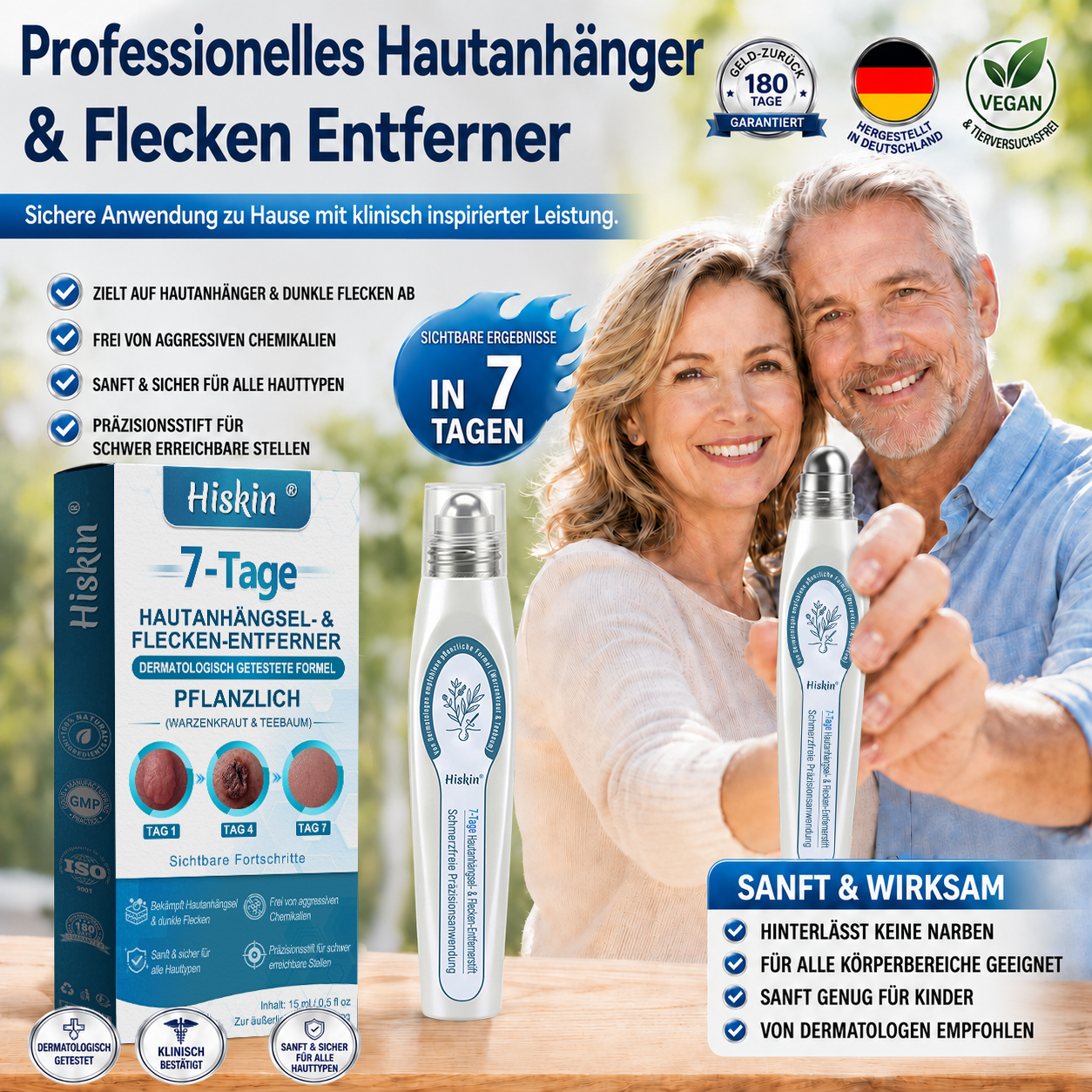 HISKIN®🇩🇪7-Tage-Hautmakel- & Hautanhängsel-Entferner💧Schmerzfreier Rollerball-Stift zur schonenden Entfernung von Hautanhängseln und Hautflecken – narbenfrei